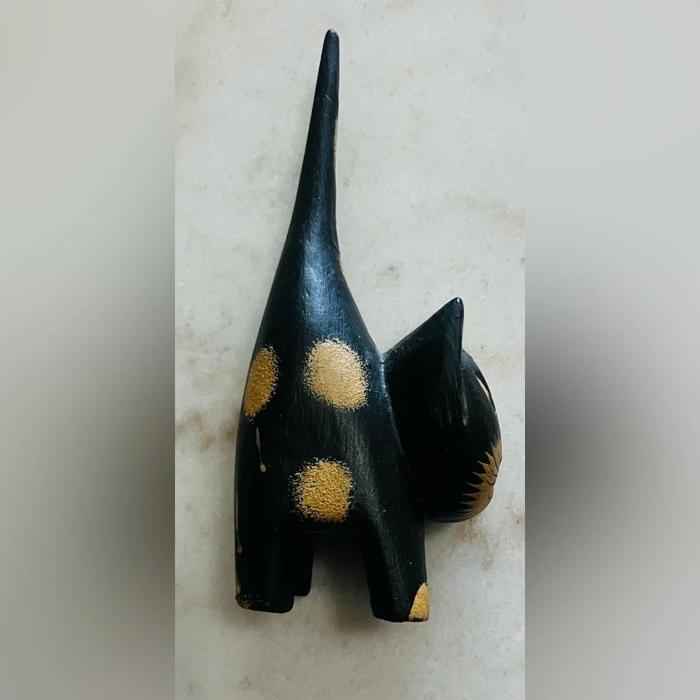 VTG Hand Carved Wooden Black Cat Figurine Folk Art Hand Painted Spotted Kitty